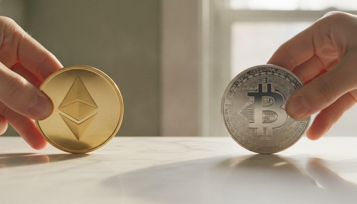 An Ethereum coin and a Bitcoin coin sliding past each other across a marble counter