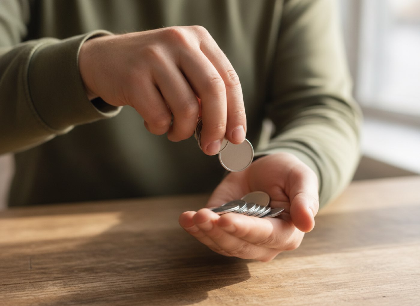 Two hands counting coins over a wooden table