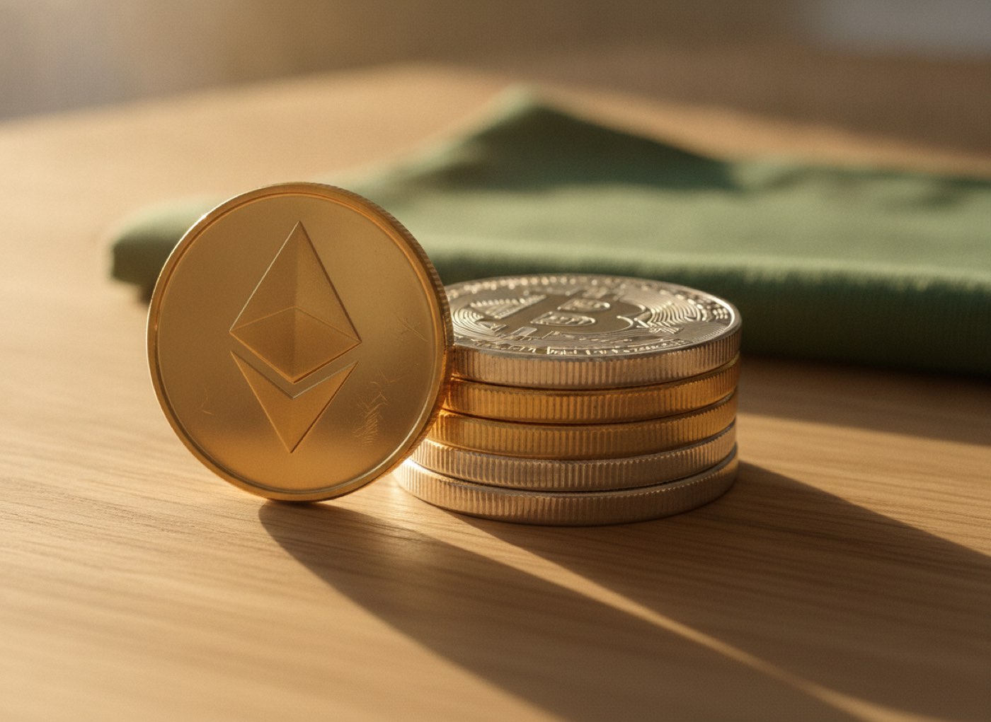 An Ethereum coin leaning against a stack of crypto coins on an oak table