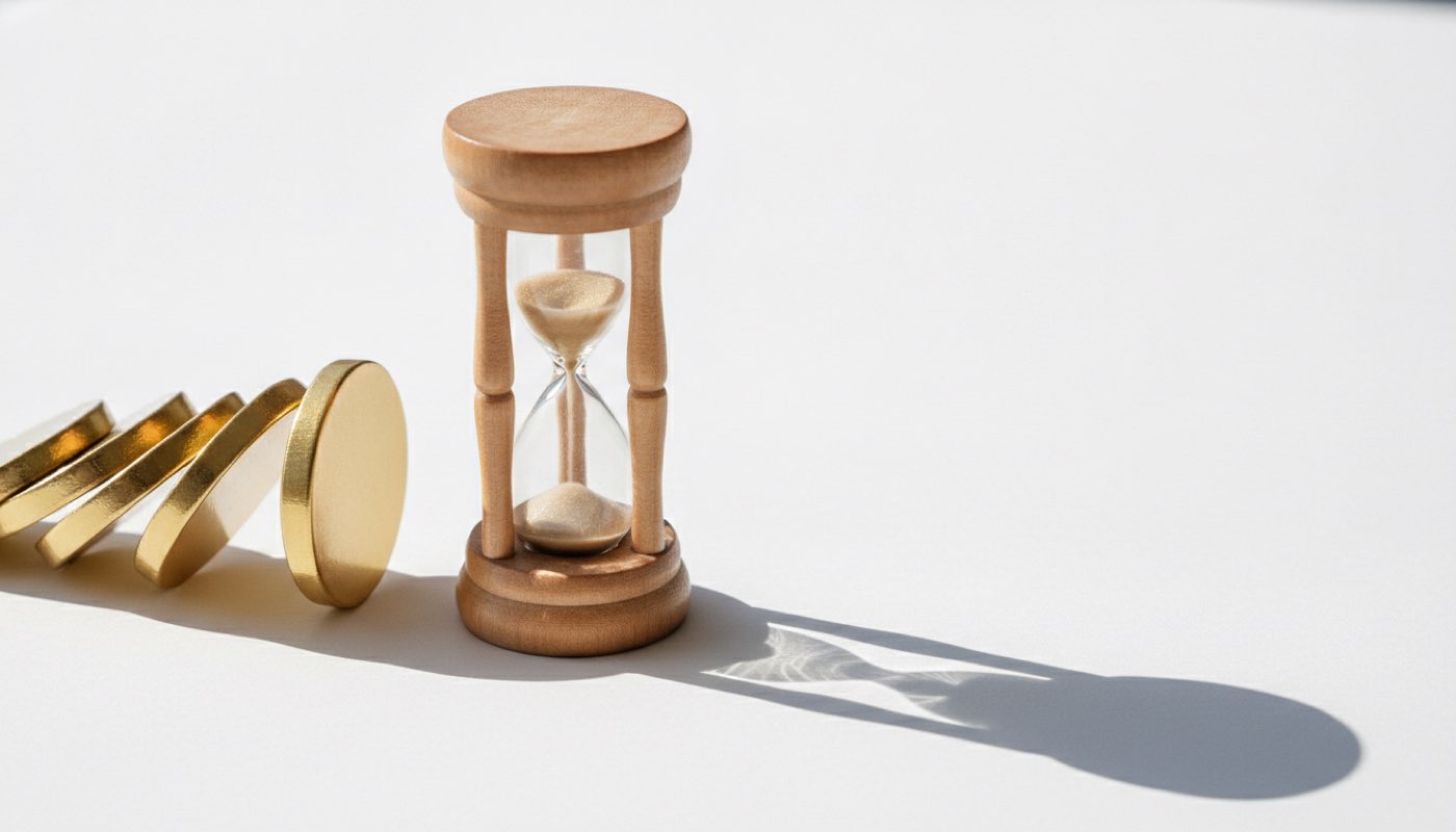 An hourglass beside a row of coins, showing how long each network takes